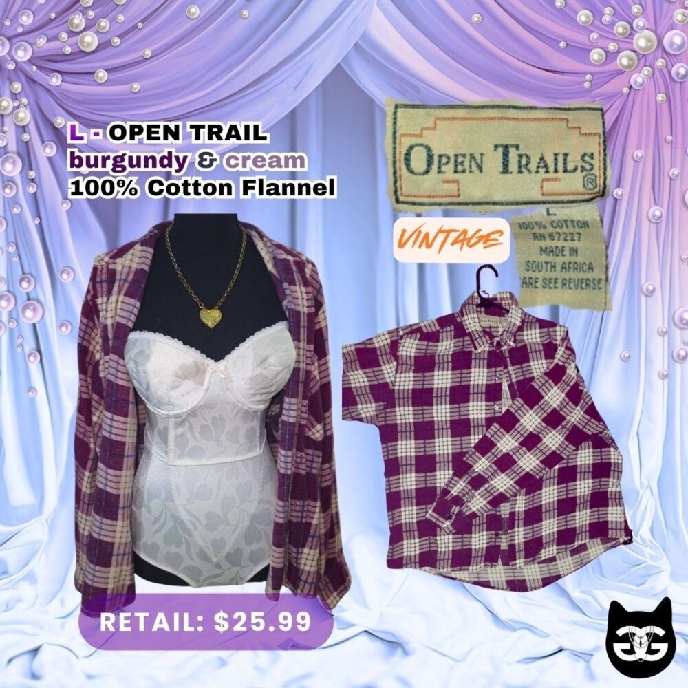 VINTAGE Open Trails 100% Cotton Maroon + Cream Large Plaid flannel Long Sleeve